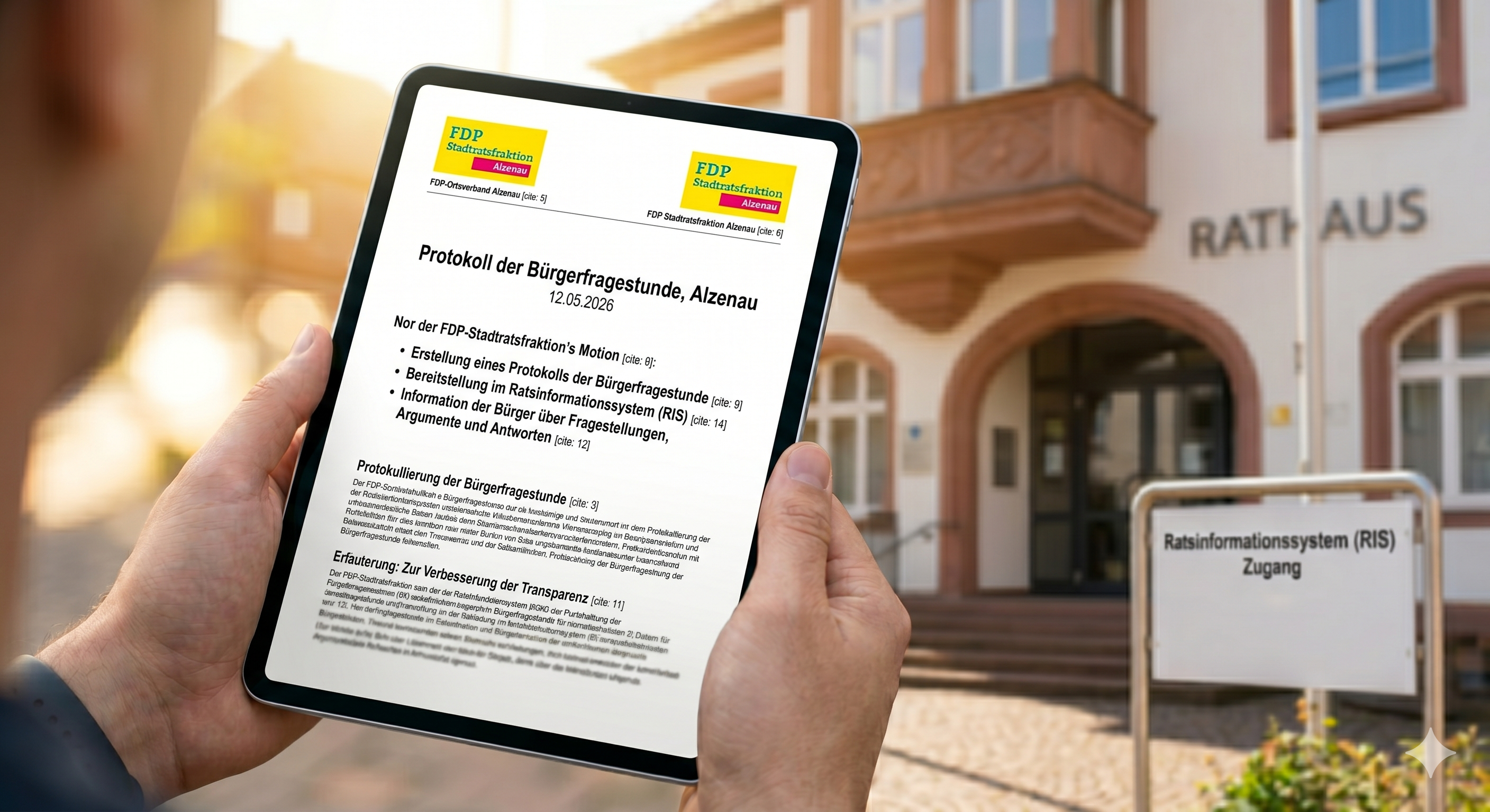 Jemand hält ein Tablet oder ein Smartphone in der Hand, auf dem ein Dokument (die PDF des Protokolls) geöffnet ist.